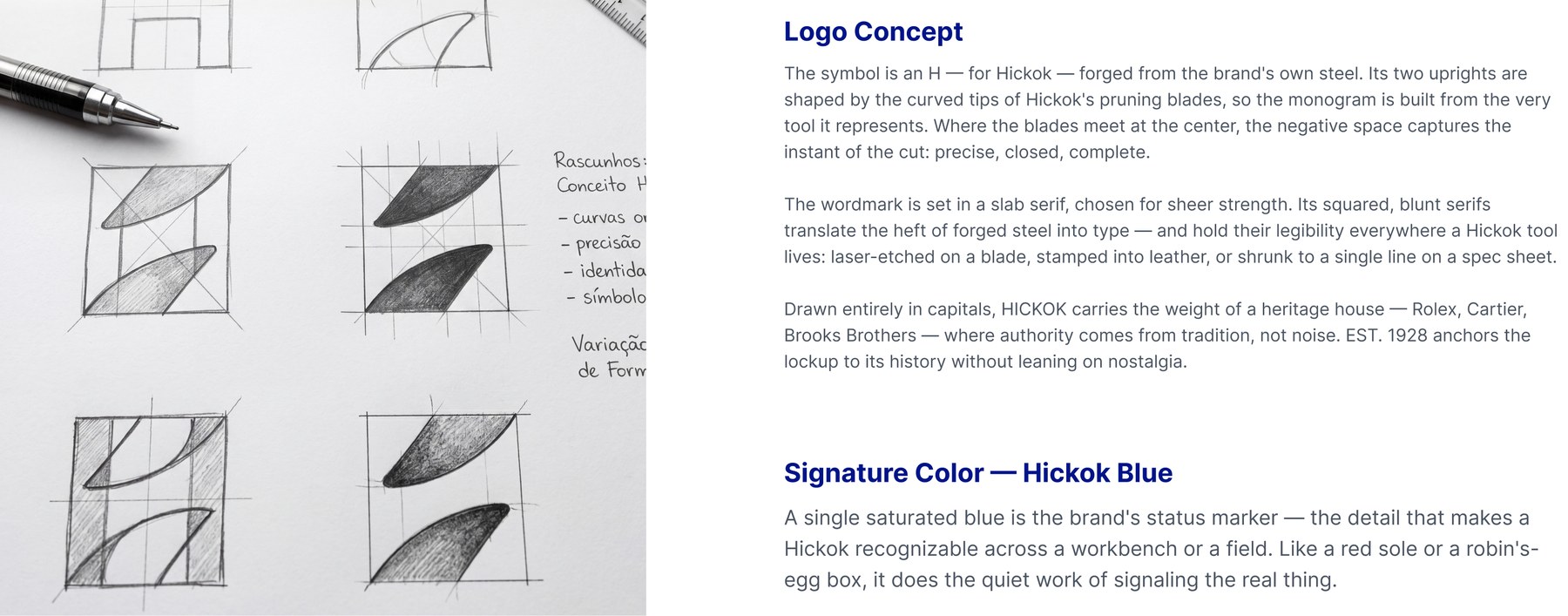 Hickok symbol construction: an H drawn from the curved tips of two pruning blades